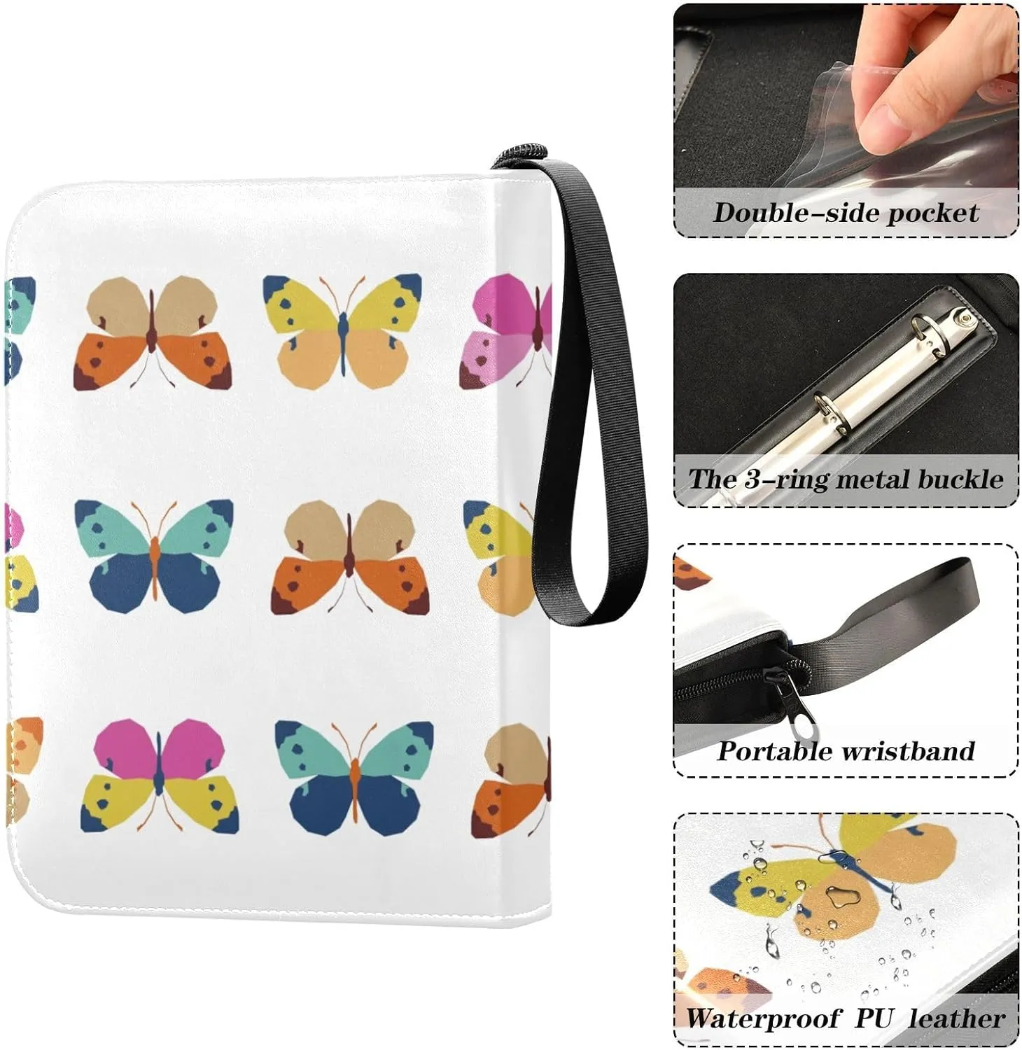 Card Binder 4 Pocket Trading Card Binder Holds 400 Cards with 50 Removable Sleeves for Boys Girls Game Cards Sports Cards Colorful Butterflies