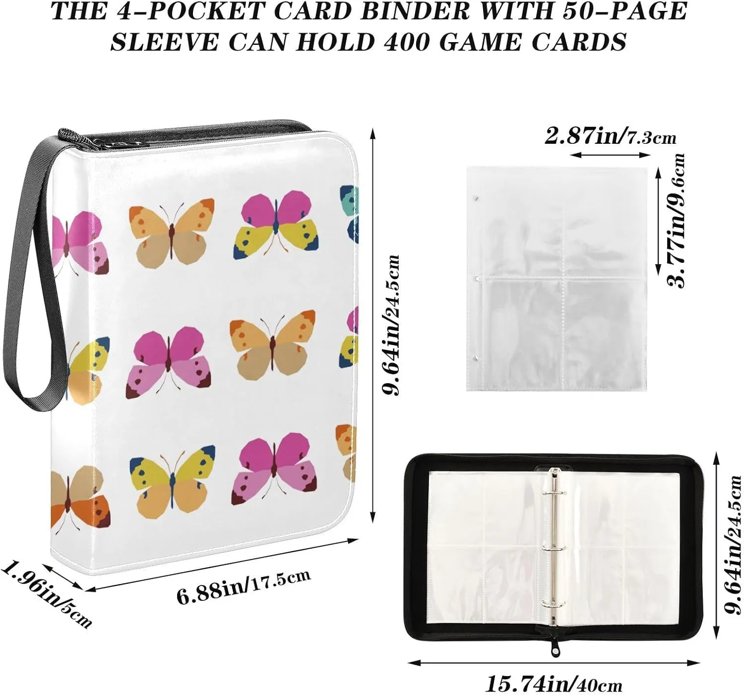 Card Binder 4 Pocket Trading Card Binder Holds 400 Cards with 50 Removable Sleeves for Boys Girls Game Cards Sports Cards Colorful Butterflies