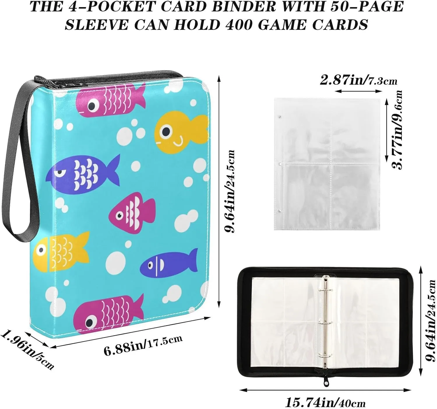 Card Binder 4 Pocket Trading Card Binder Holds 400 Cards with 50 Removable Sleeves for Boys Girls Game Cards Sports Cards Fish Pattern Blue