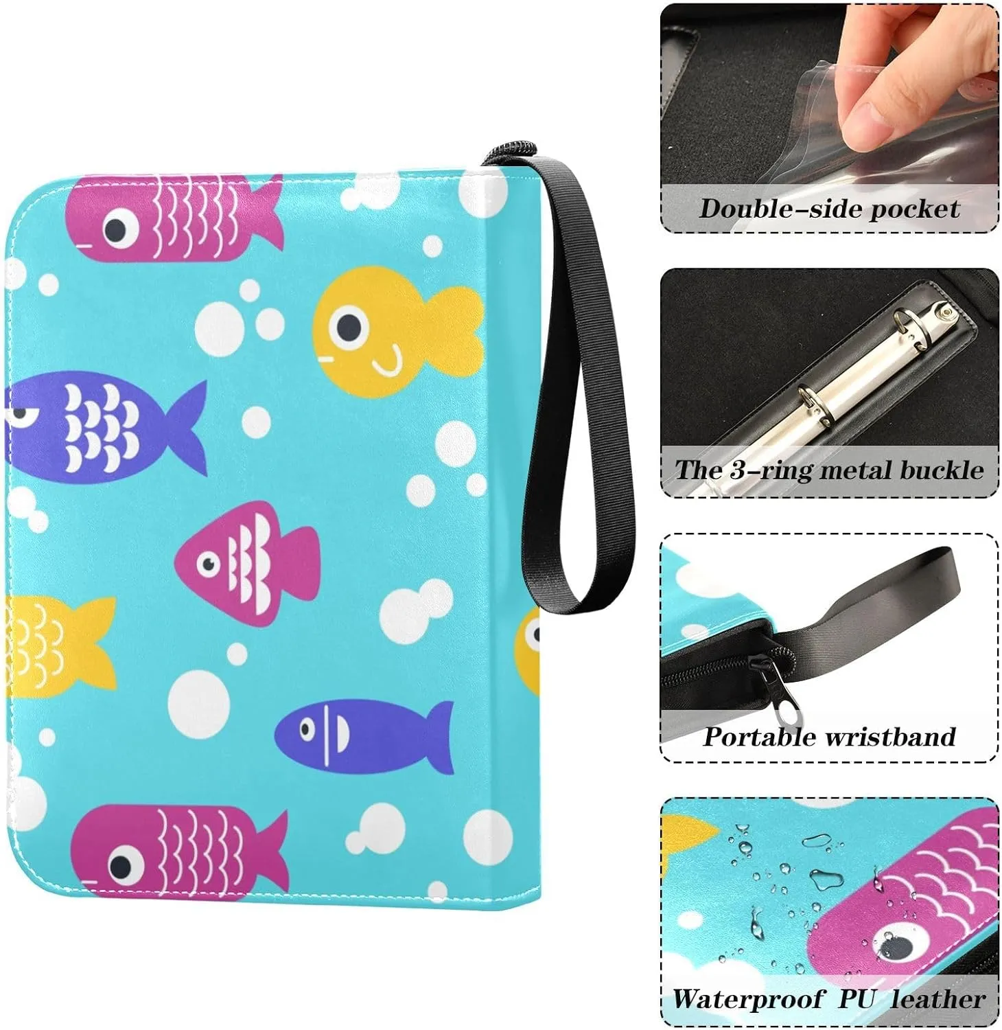 Card Binder 4 Pocket Trading Card Binder Holds 400 Cards with 50 Removable Sleeves for Boys Girls Game Cards Sports Cards Fish Pattern Blue
