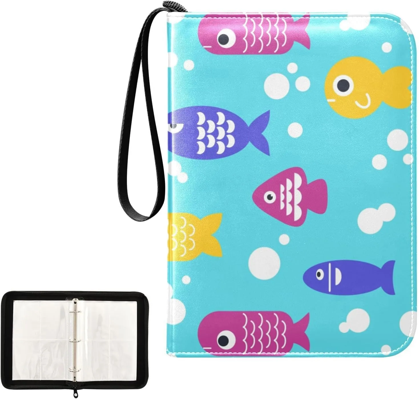 Card Binder 4 Pocket Trading Card Binder Holds 400 Cards with 50 Removable Sleeves for Boys Girls Game Cards Sports Cards Fish Pattern Blue