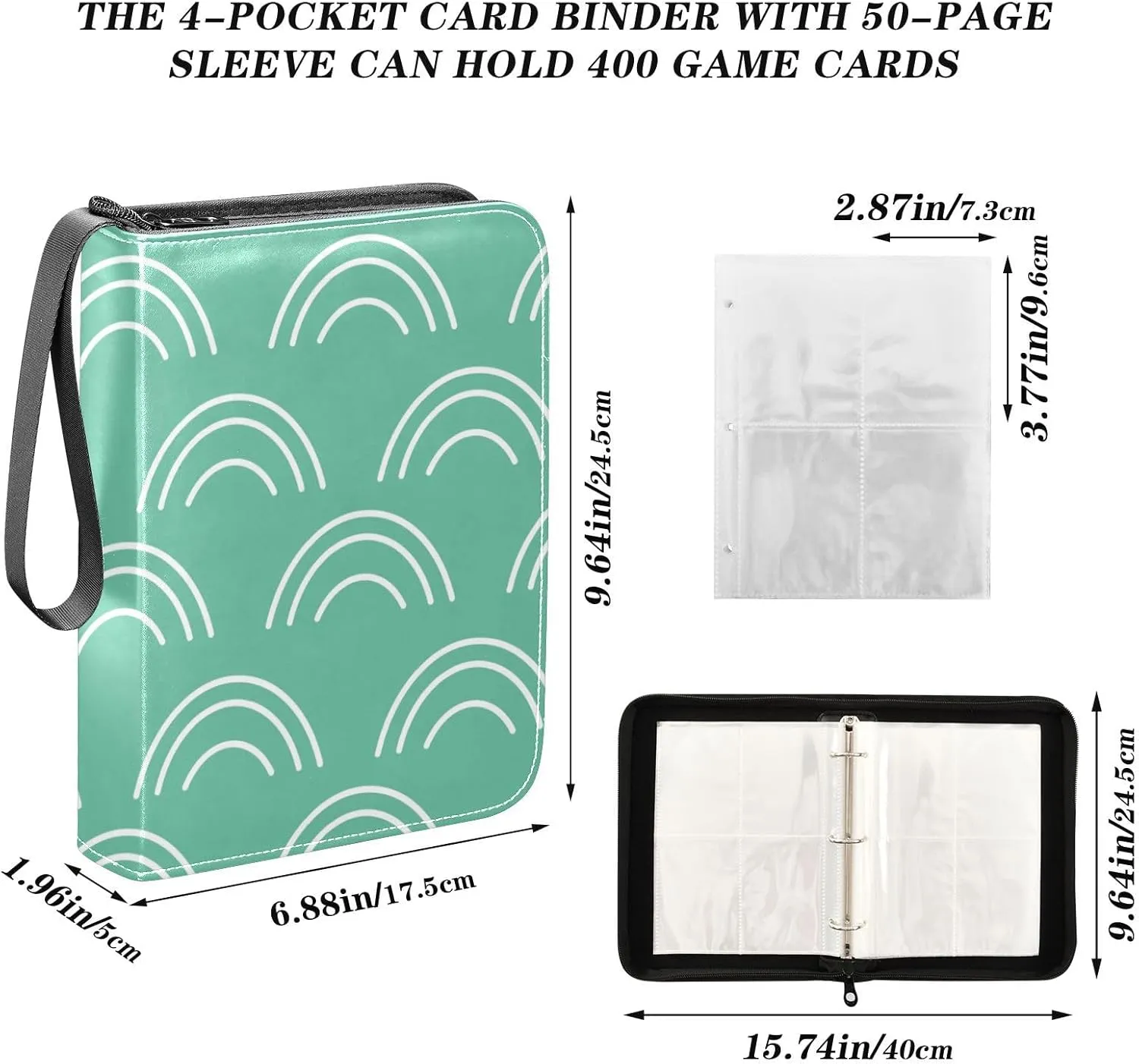Card Binder 4 Pocket Trading Card Binder Holds 400 Cards with 50 Removable Sleeves for Boys Girls Game Cards Sports Cards Simple Rainbows Green