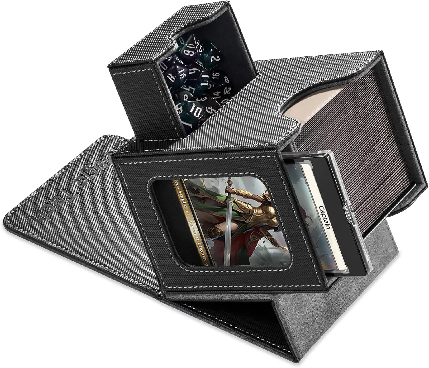 Card Deck Box for MTG Commander - Patented Design, Commander Display, Fits 100 Double-Sleeved Cards, 35pt Card Brick & Dice Tray - Black/Gray
