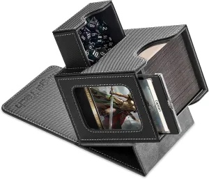 Card Deck Box for MTG Commander - Patented Design, Commander Display, Fits 100 Double-Sleeved Cards, 35pt Card Brick & Dice Tray - Black/Gray
