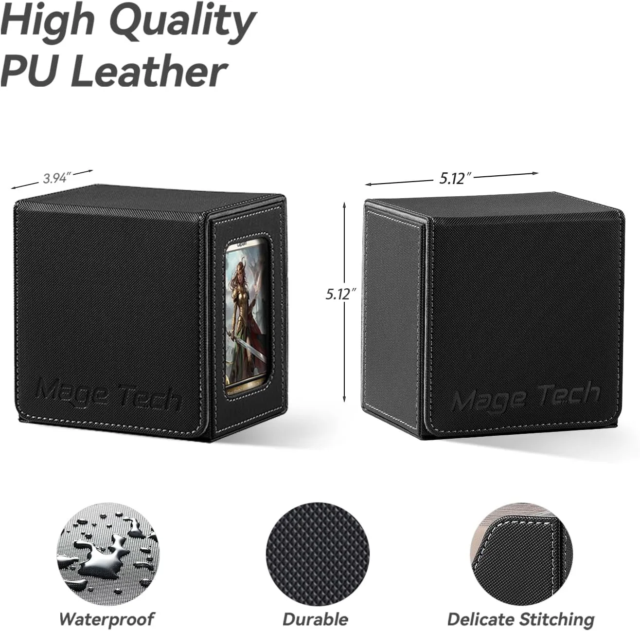 Card Deck Box for MTG Commander - Patented Design, Commander Display, Fits 100 Double-Sleeved Cards, 35pt Card Brick & Dice Tray - Black/Gray