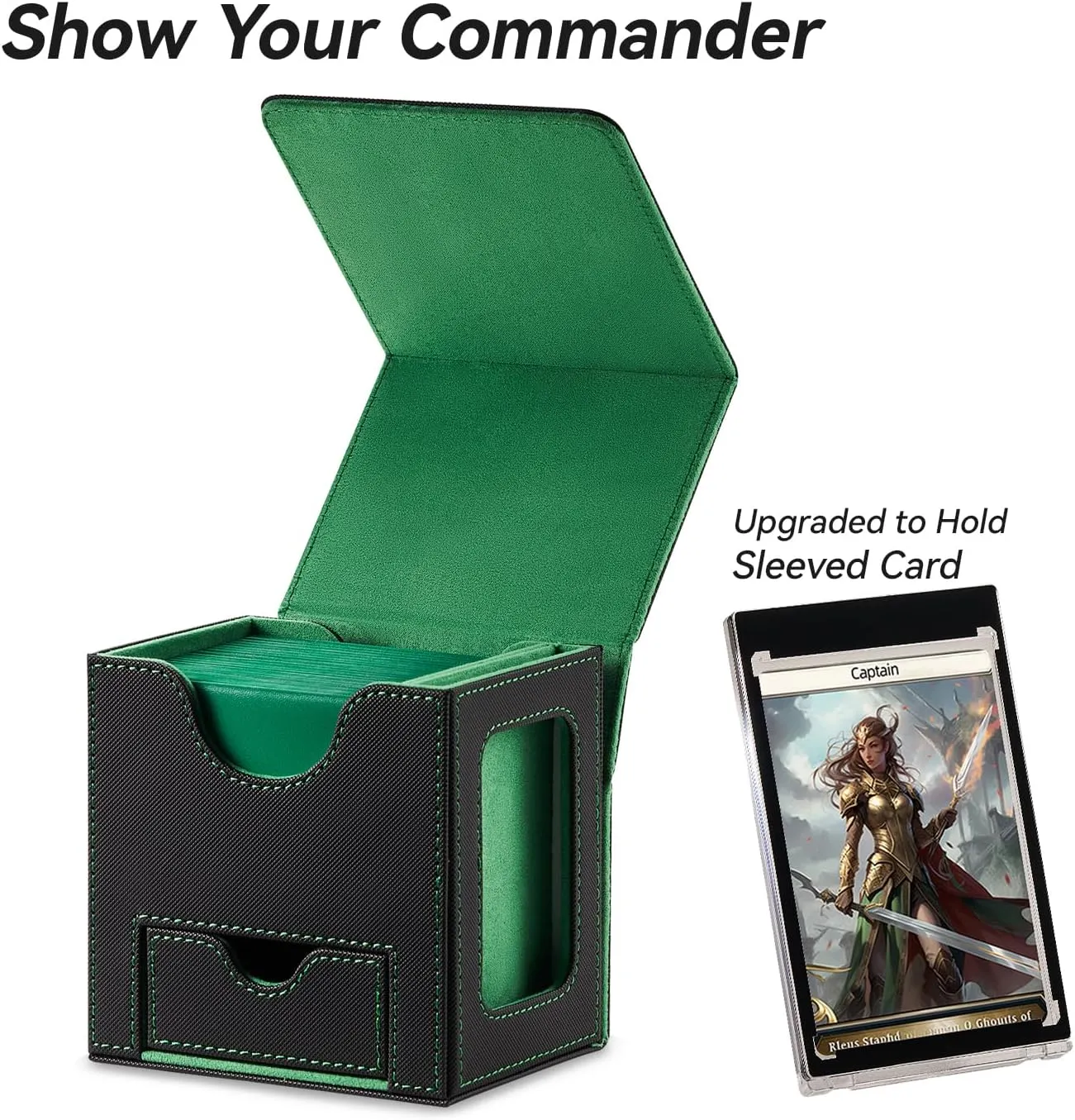 Card Deck Box for MTG Commander - Patented Design, Commander Display, Fits 100 Double-Sleeved Cards, 35pt Card Brick & Dice Tray - Black/Green