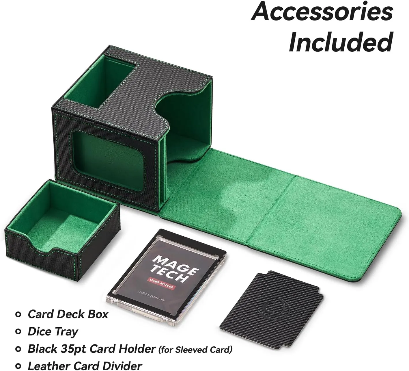 Card Deck Box for MTG Commander - Patented Design, Commander Display, Fits 100 Double-Sleeved Cards, 35pt Card Brick & Dice Tray - Black/Green