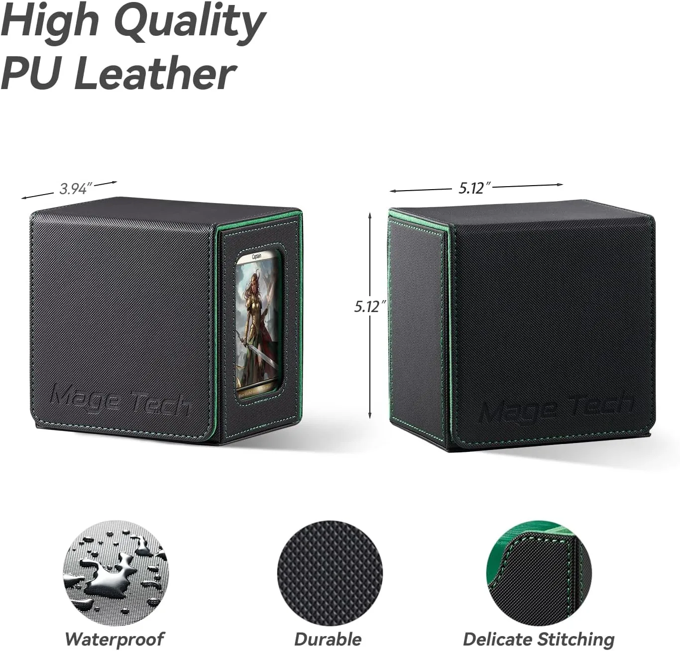 Card Deck Box for MTG Commander - Patented Design, Commander Display, Fits 100 Double-Sleeved Cards, 35pt Card Brick & Dice Tray - Black/Green