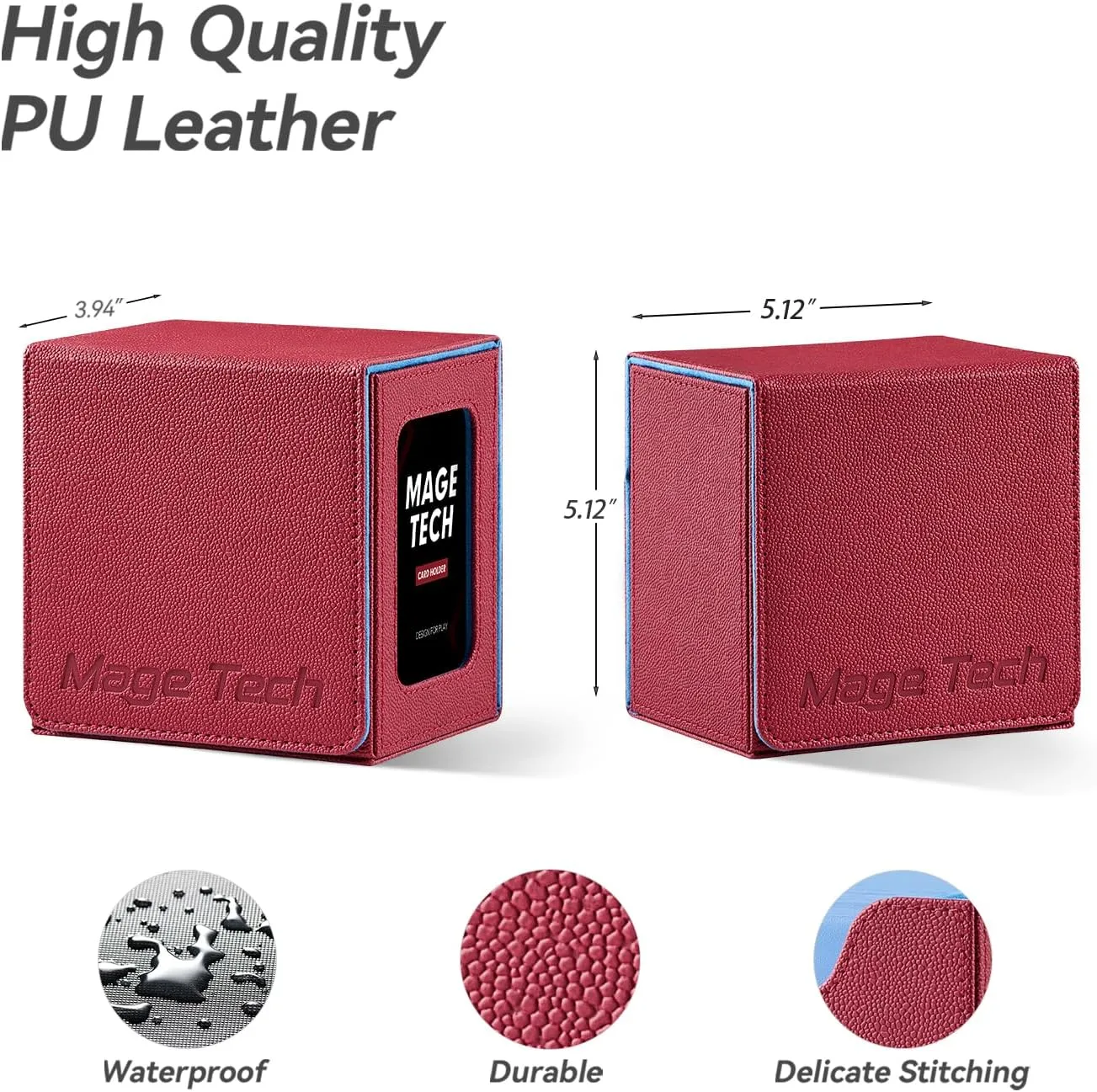 Card Deck Box for MTG Commander - Patented Design, Commander Display, Fits 100 Double-Sleeved Cards, 35pt Card Brick & Dice Tray - Red/Blue