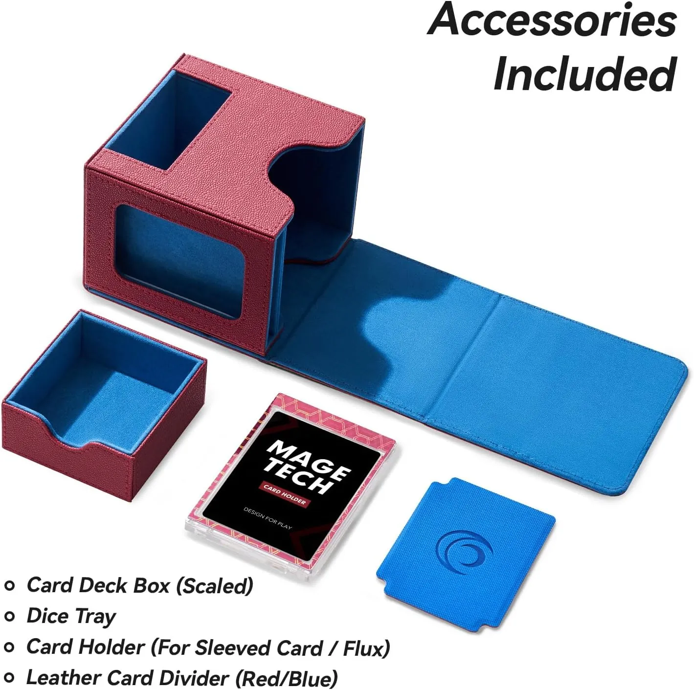 Card Deck Box for MTG Commander - Patented Design, Commander Display, Fits 100 Double-Sleeved Cards, 35pt Card Brick & Dice Tray - Red/Blue