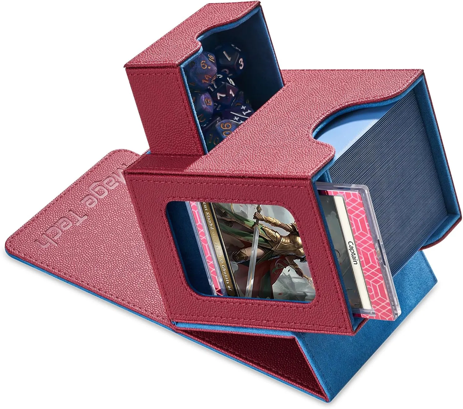 Card Deck Box for MTG Commander - Patented Design, Commander Display, Fits 100 Double-Sleeved Cards, 35pt Card Brick & Dice Tray - Red/Blue