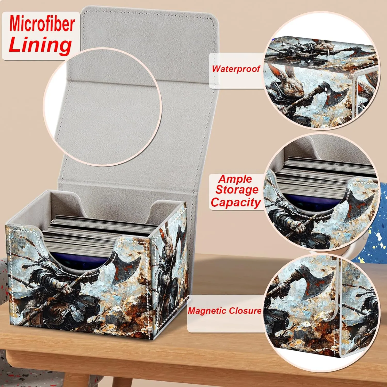 Card Deck Box for MTG, Microfiber Lining and Waterproof PU Leather Large Size Card Box, Fit 100  Single Sleeved Cards, Strong Magnet Collectible Card Storage Box Fit TCG Fit MTG,Rabbit Dragon Warriors
