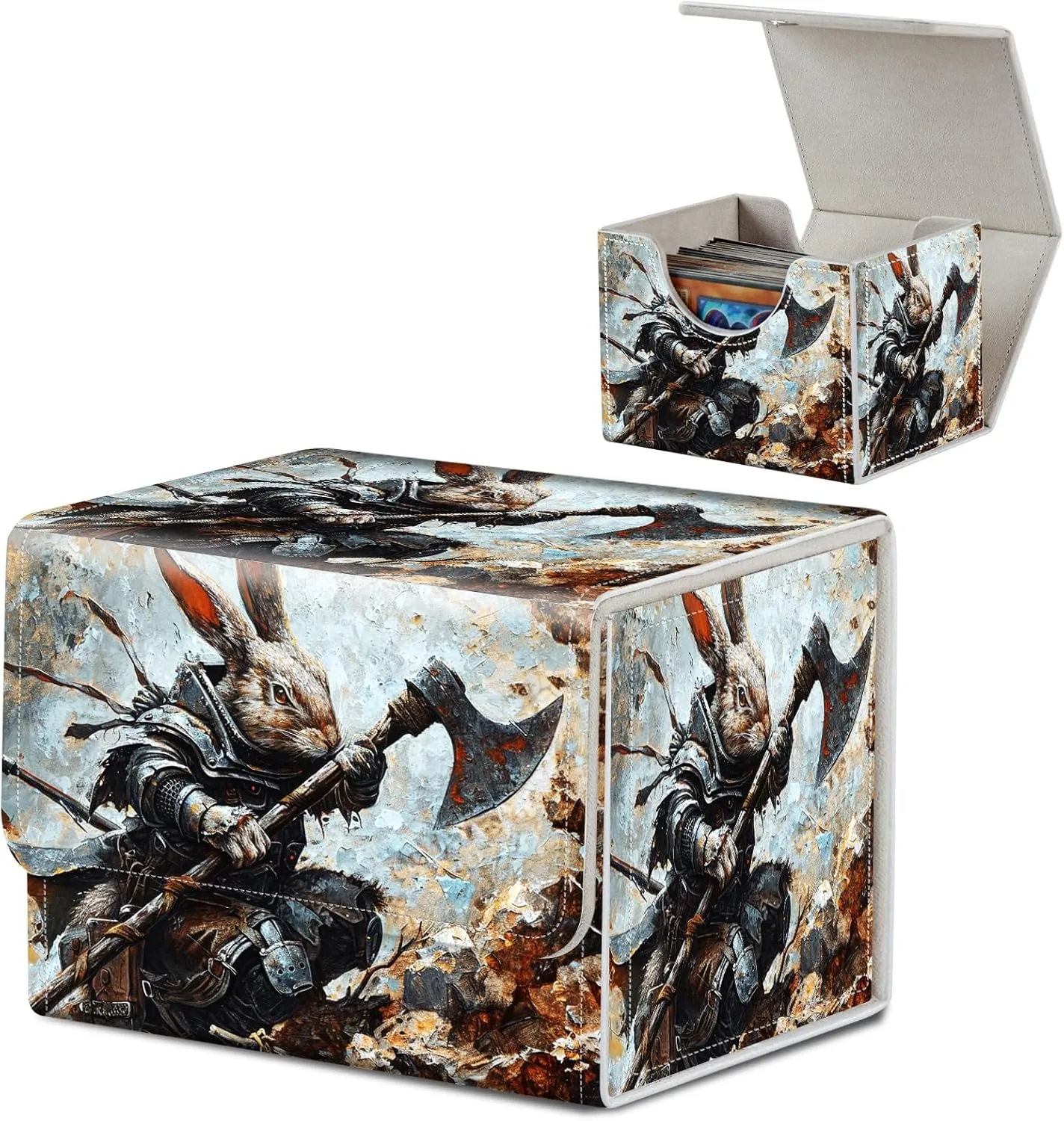 Card Deck Box for MTG, Microfiber Lining and Waterproof PU Leather Large Size Card Box, Fit 100  Single Sleeved Cards, Strong Magnet Collectible Card Storage Box Fit TCG Fit MTG,Rabbit Dragon Warriors