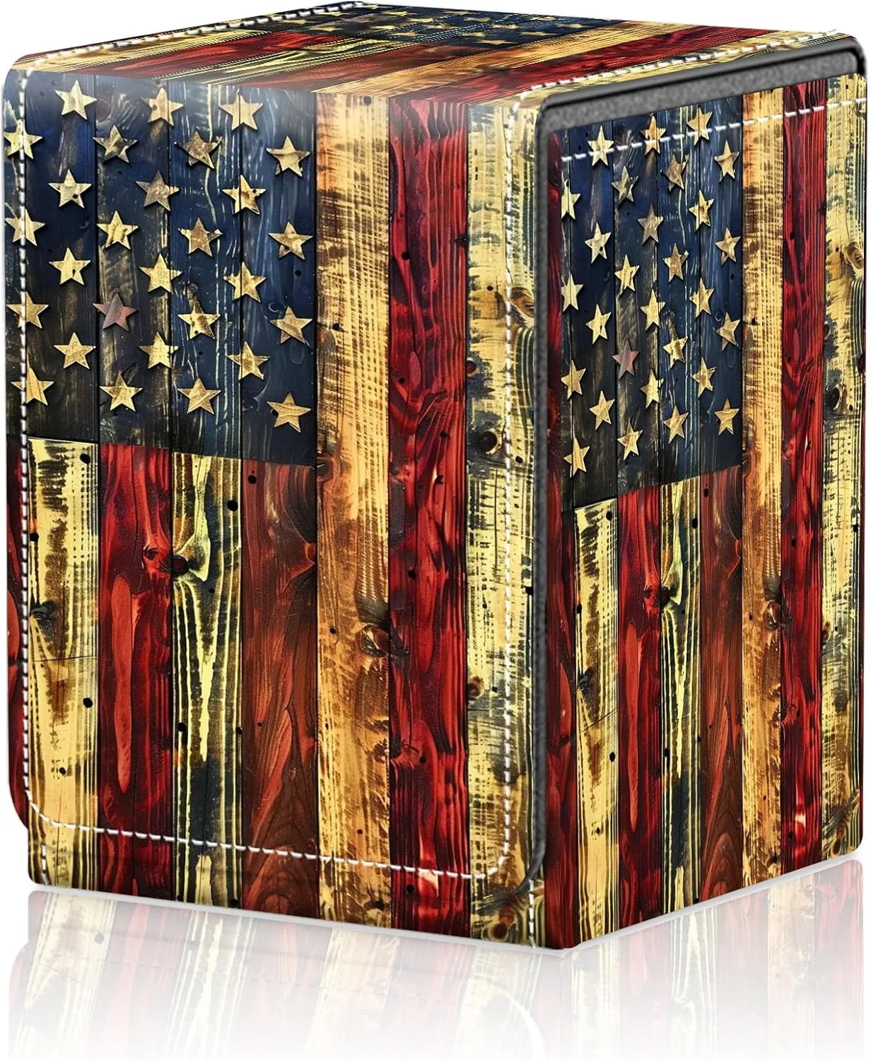 Card Deck Box for MTG Trading Cards, Magic Card Box Can Hold 110  Single Sleeved Cards, Waterproof PU Leather Material, Strong Magnetic Buckle Card Set Box Suitable for TCG CCG, Wooden American Flag