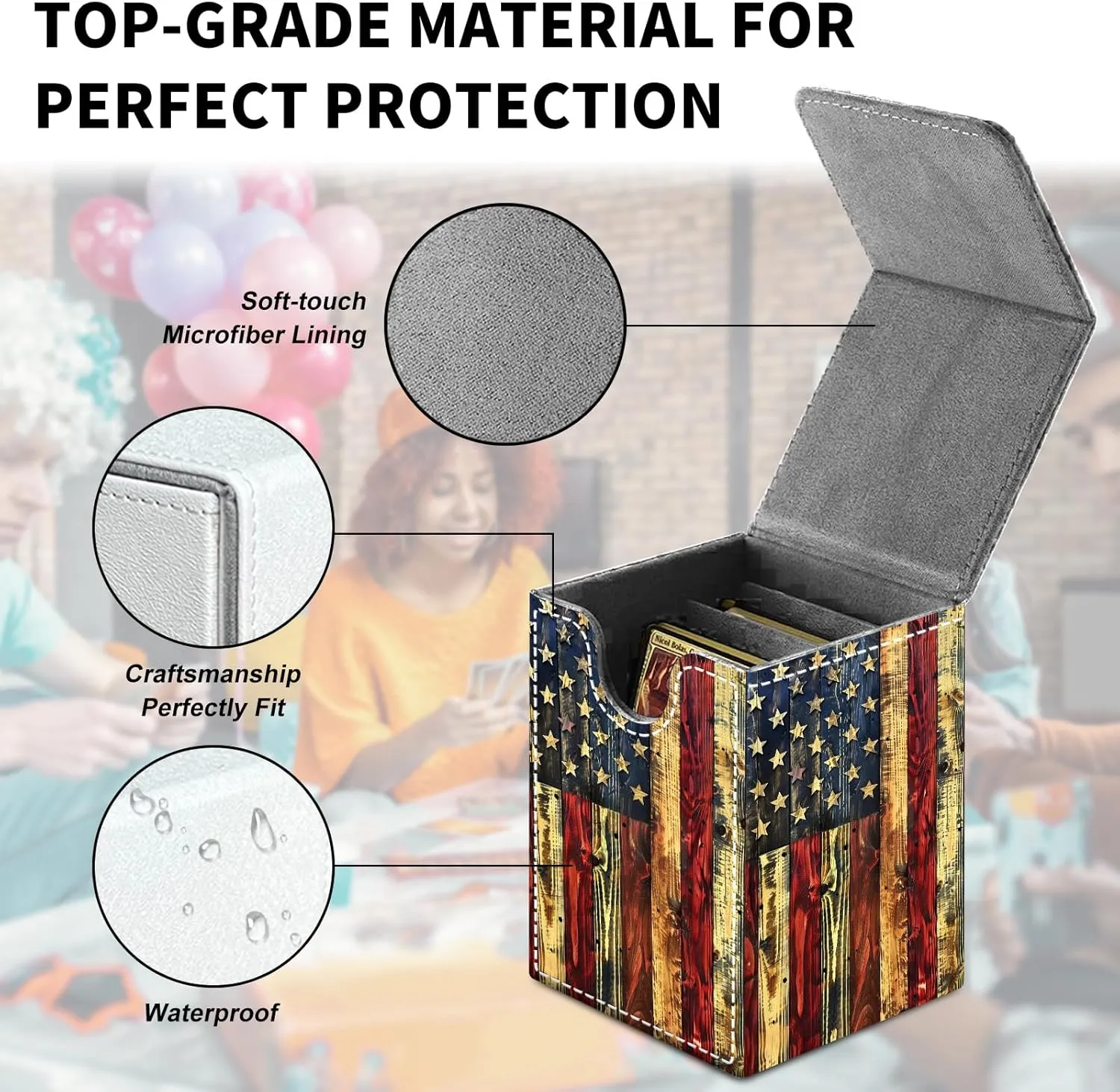 Card Deck Box for MTG Trading Cards, Magic Card Box Can Hold 110  Single Sleeved Cards, Waterproof PU Leather Material, Strong Magnetic Buckle Card Set Box Suitable for TCG CCG, Wooden American Flag