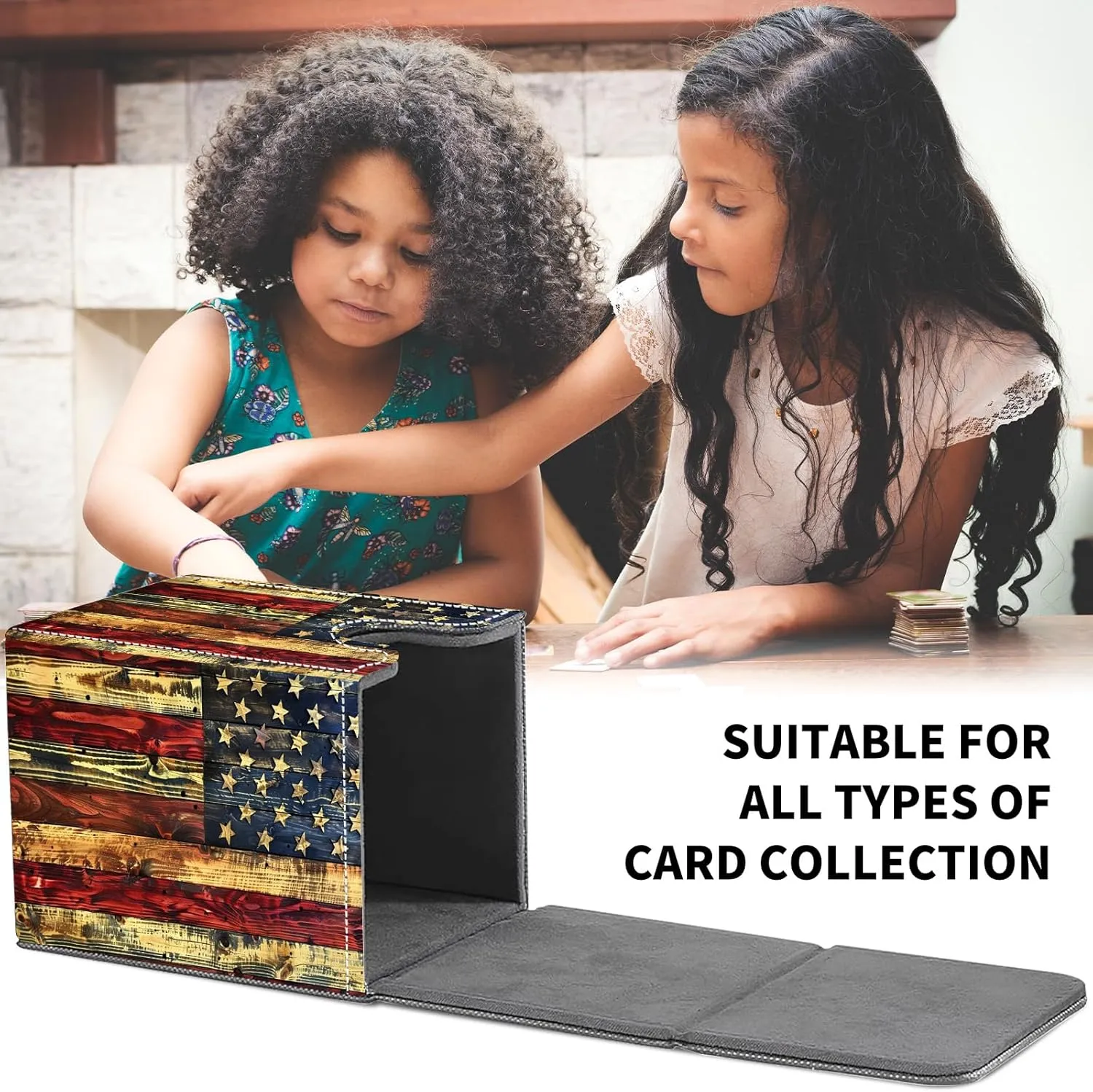Card Deck Box for MTG Trading Cards, Magic Card Box Can Hold 110  Single Sleeved Cards, Waterproof PU Leather Material, Strong Magnetic Buckle Card Set Box Suitable for TCG CCG, Wooden American Flag