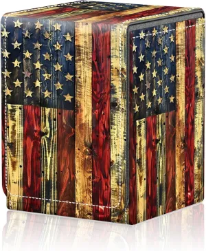 Card Deck Box for MTG Trading Cards, Magic Card Box Can Hold 110  Single Sleeved Cards, Waterproof PU Leather Material, Strong Magnetic Buckle Card Set Box Suitable for TCG CCG, Wooden American Flag