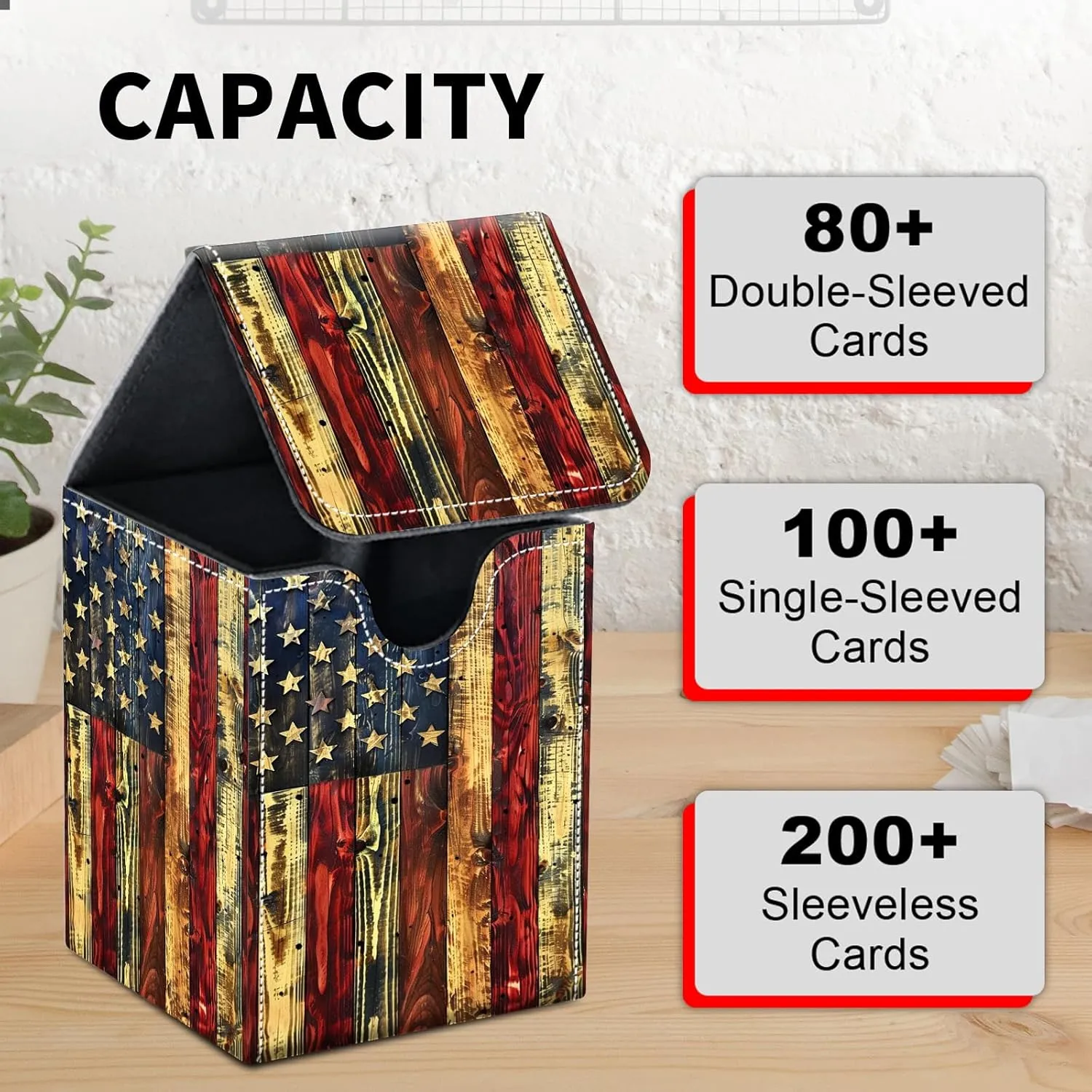 Card Deck Box for MTG Trading Cards, Magic Card Box Can Hold 110  Single Sleeved Cards, Waterproof PU Leather Material, Strong Magnetic Buckle Card Set Box Suitable for TCG CCG, Wooden American Flag