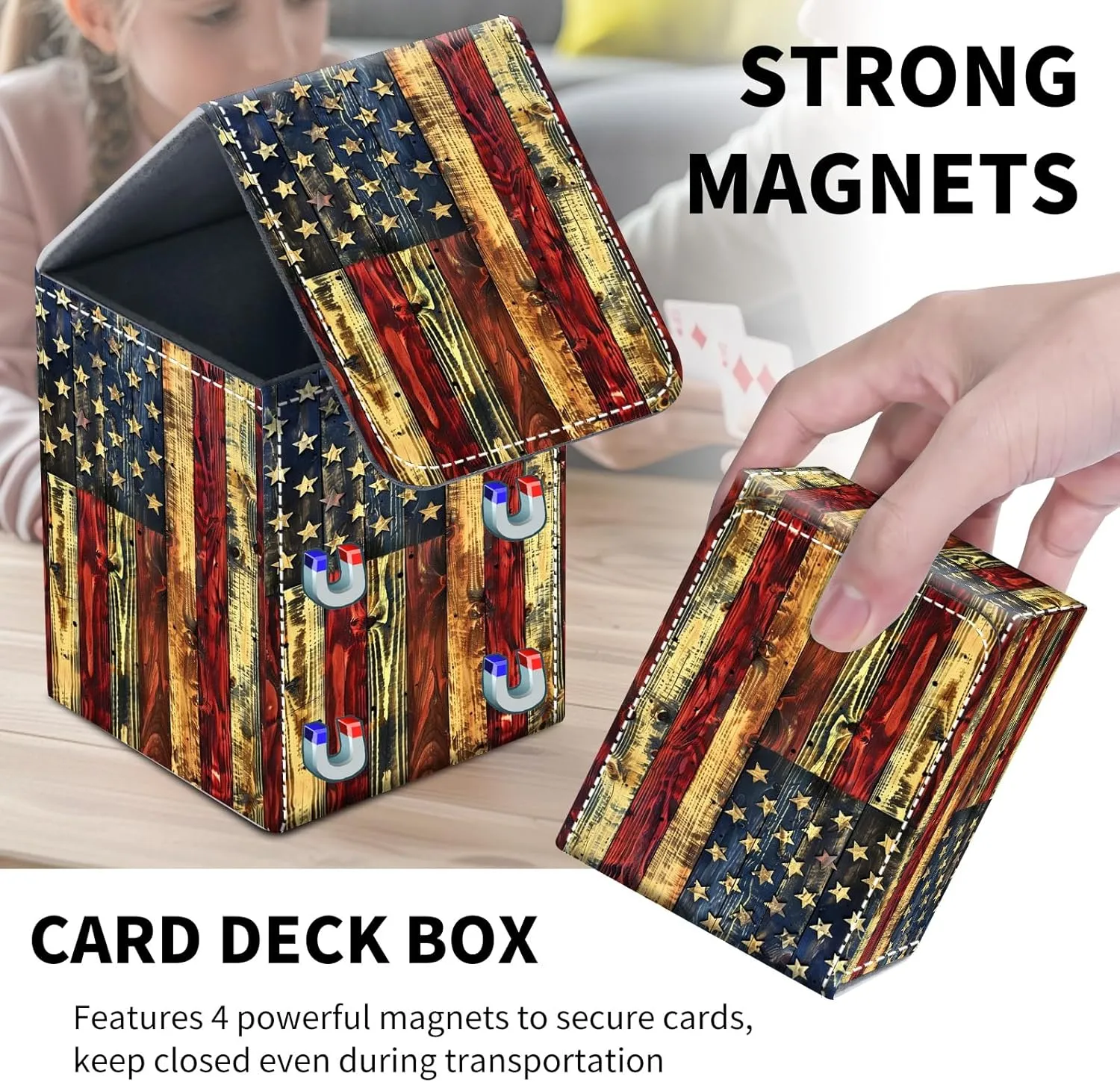 Card Deck Box for MTG Trading Cards, Magic Card Box Can Hold 110  Single Sleeved Cards, Waterproof PU Leather Material, Strong Magnetic Buckle Card Set Box Suitable for TCG CCG, Wooden American Flag