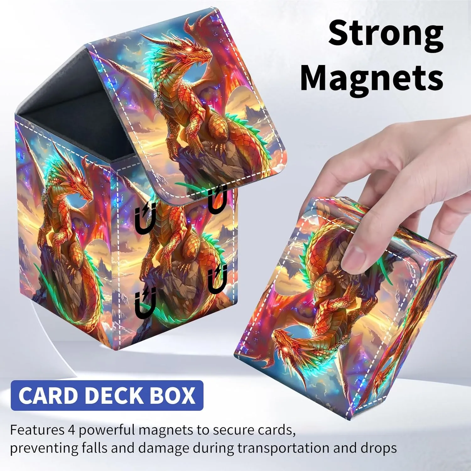 Card Deck Box for Trading Cards, MTG Deck Box Fits 100  Single Sleeved Cards, PU Leather Strong Magnet Card Deck Case Holder for Magic Commander TCG CCG, Golden Dragon