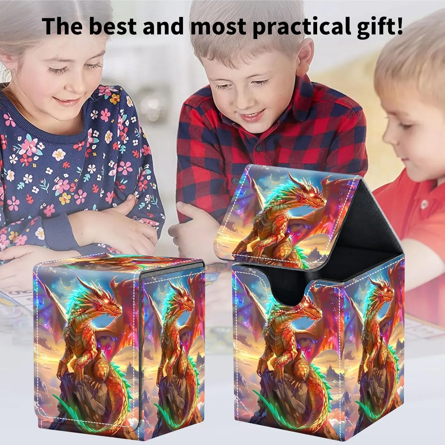 Card Deck Box for Trading Cards, MTG Deck Box Fits 100  Single Sleeved Cards, PU Leather Strong Magnet Card Deck Case Holder for Magic Commander TCG CCG, Golden Dragon