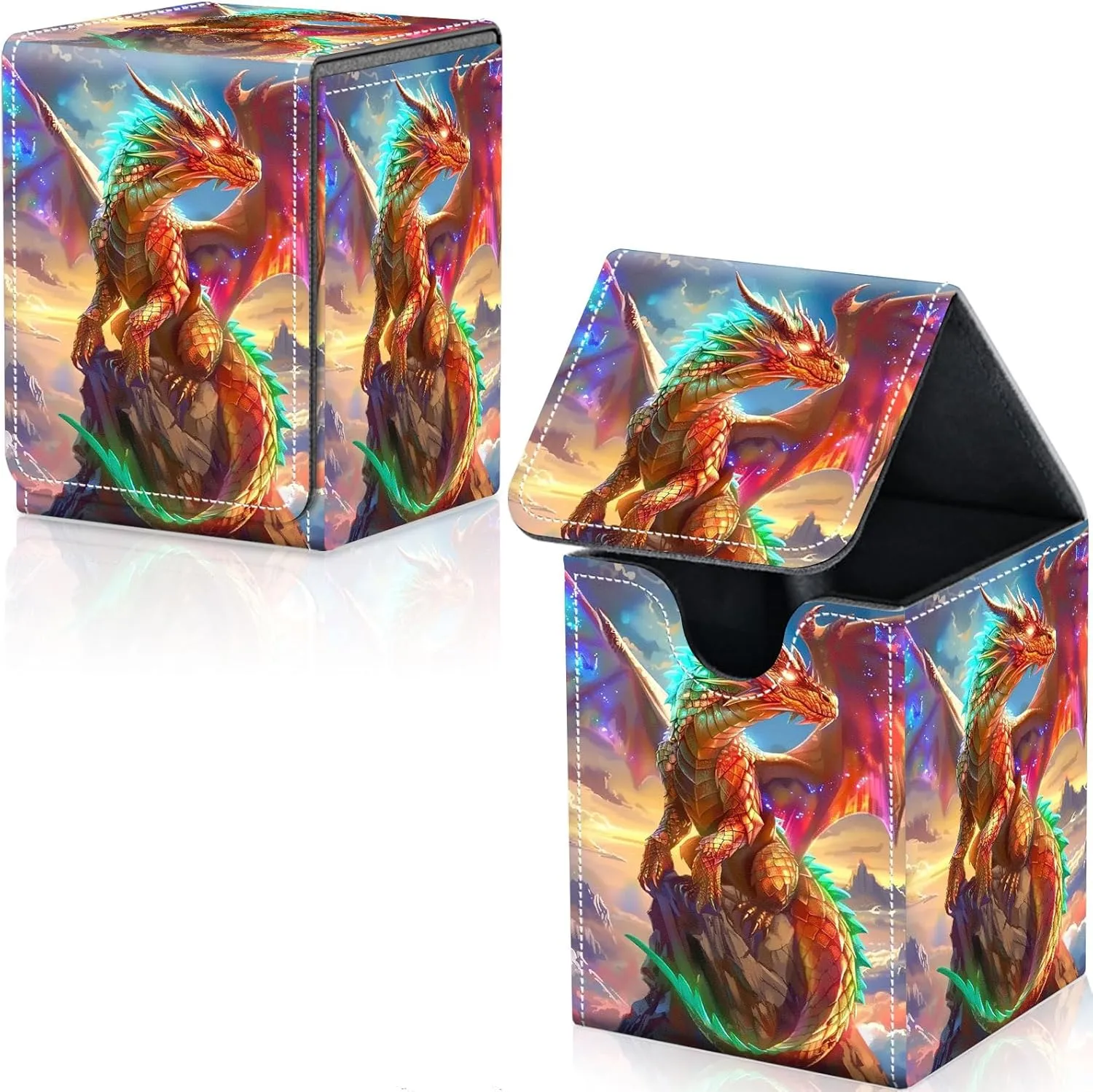 Card Deck Box for Trading Cards, MTG Deck Box Fits 100  Single Sleeved Cards, PU Leather Strong Magnet Card Deck Case Holder for Magic Commander TCG CCG, Golden Dragon