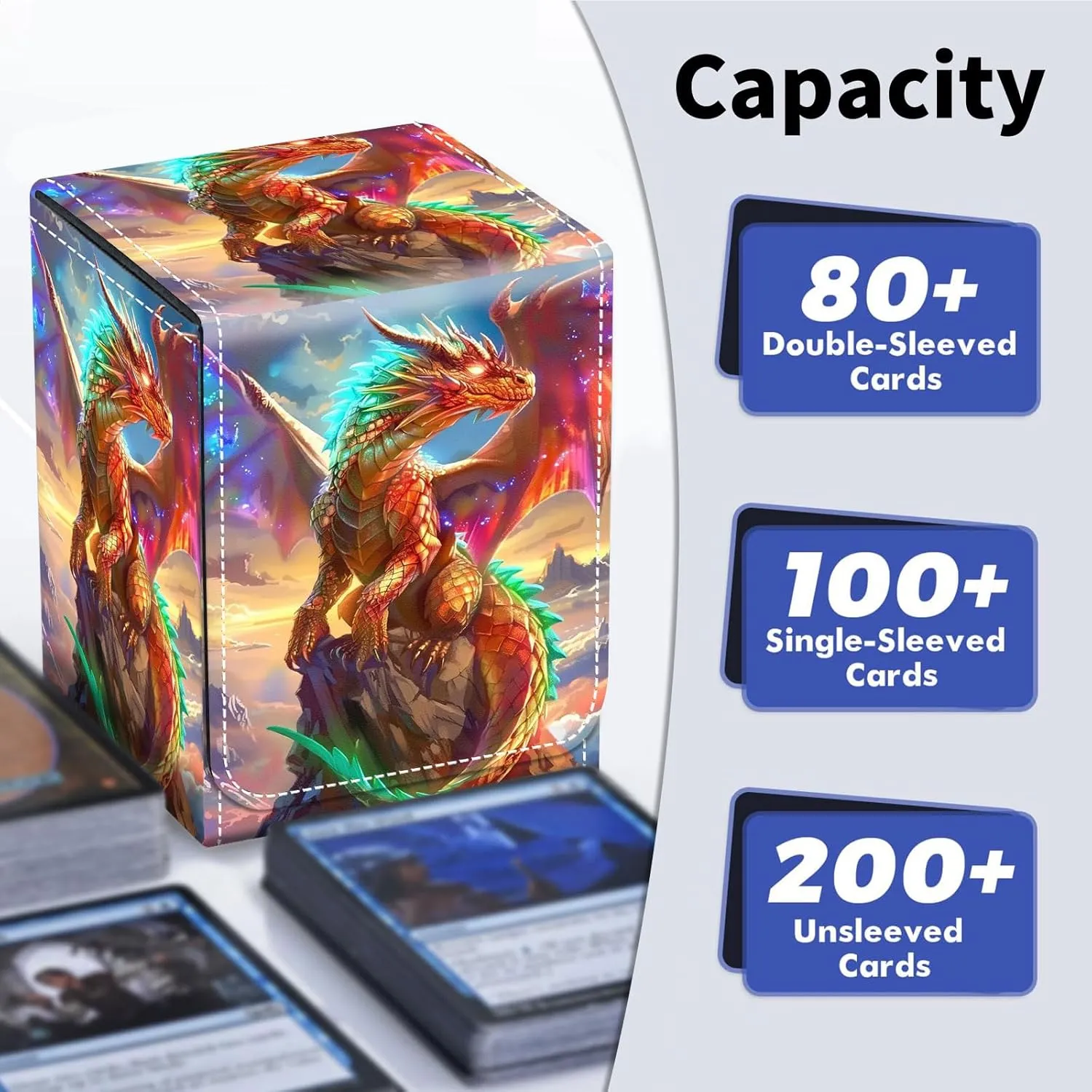 Card Deck Box for Trading Cards, MTG Deck Box Fits 100  Single Sleeved Cards, PU Leather Strong Magnet Card Deck Case Holder for Magic Commander TCG CCG, Golden Dragon