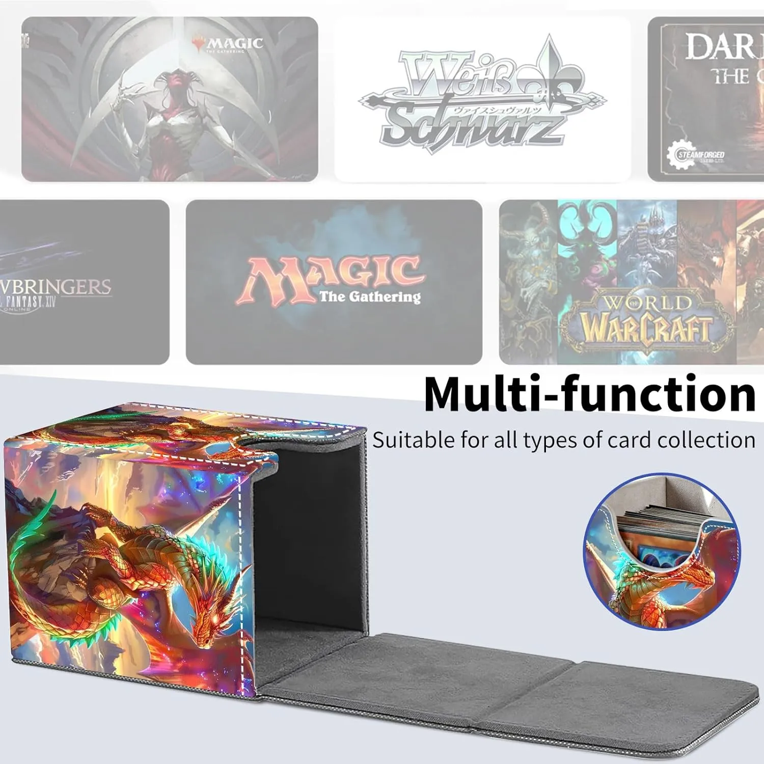 Card Deck Box for Trading Cards, MTG Deck Box Fits 100  Single Sleeved Cards, PU Leather Strong Magnet Card Deck Case Holder for Magic Commander TCG CCG, Golden Dragon