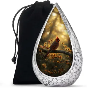 Cardinal Bird Large Urn for Human Ashes Adult Male and Female - Yellow Flowers Drop Memorial Cremation Urns for Adult Ashes Women and Men - Funeral Urn with Velvet Bag, 10 Inch