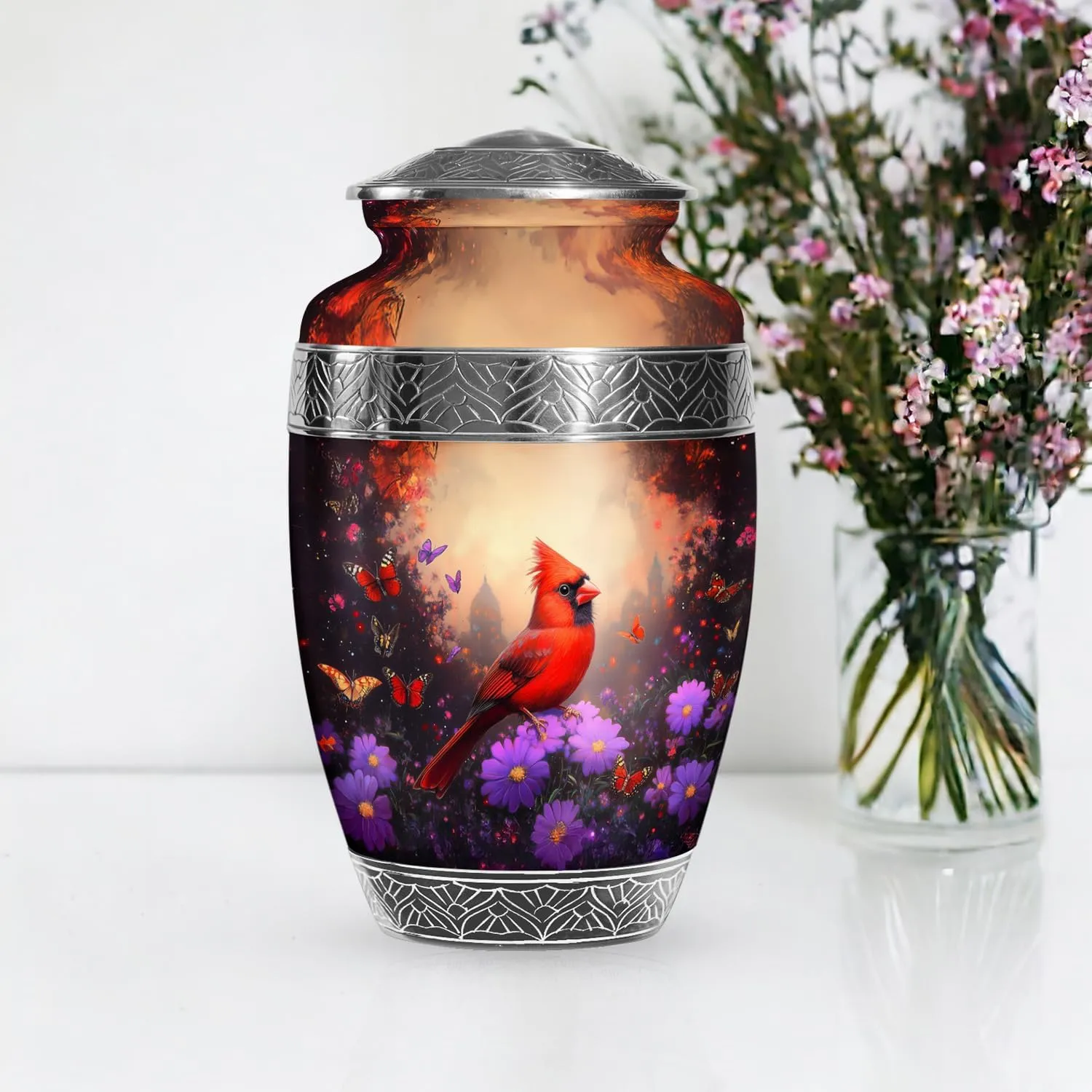 Cardinal Bird Memorial Urns for Human Ashes - Cremation Urn for Mom & Dad - 10 Inch - Large with Velvet Bag - Funeral Urn Adult Ash - Burial for Ashes Adult Male & Female - Funeral Urns