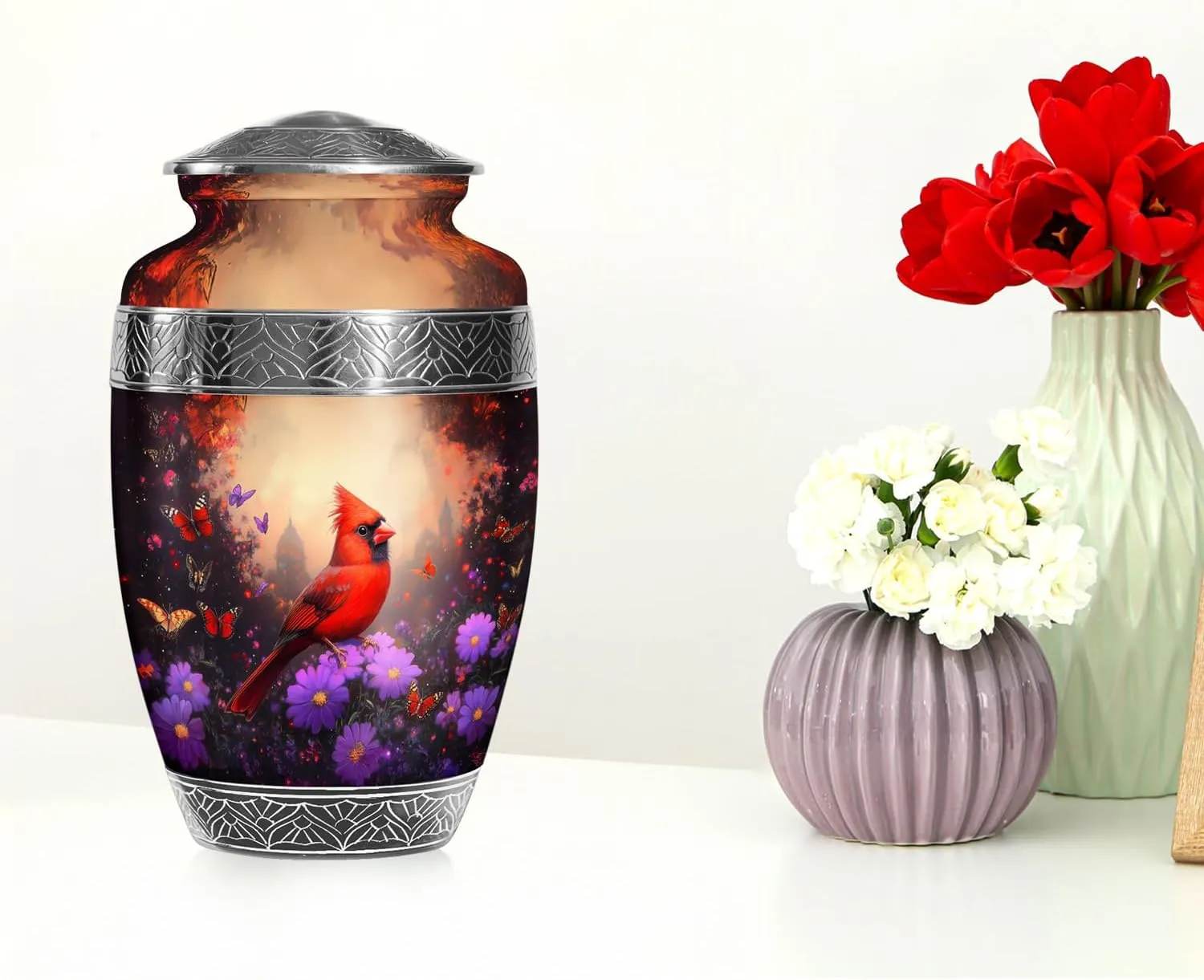 Cardinal Bird Memorial Urns for Human Ashes - Cremation Urn for Mom & Dad - 10 Inch - Large with Velvet Bag - Funeral Urn Adult Ash - Burial for Ashes Adult Male & Female - Funeral Urns