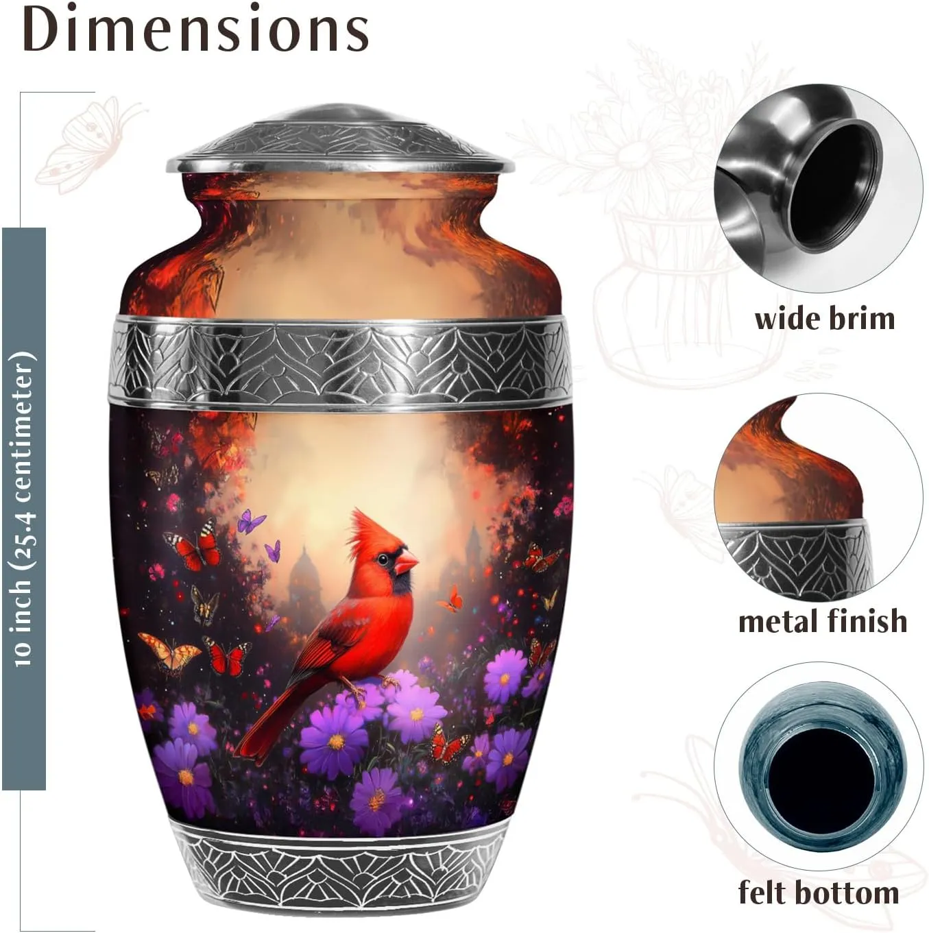 Cardinal Bird Memorial Urns for Human Ashes - Cremation Urn for Mom & Dad - 10 Inch - Large with Velvet Bag - Funeral Urn Adult Ash - Burial for Ashes Adult Male & Female - Funeral Urns