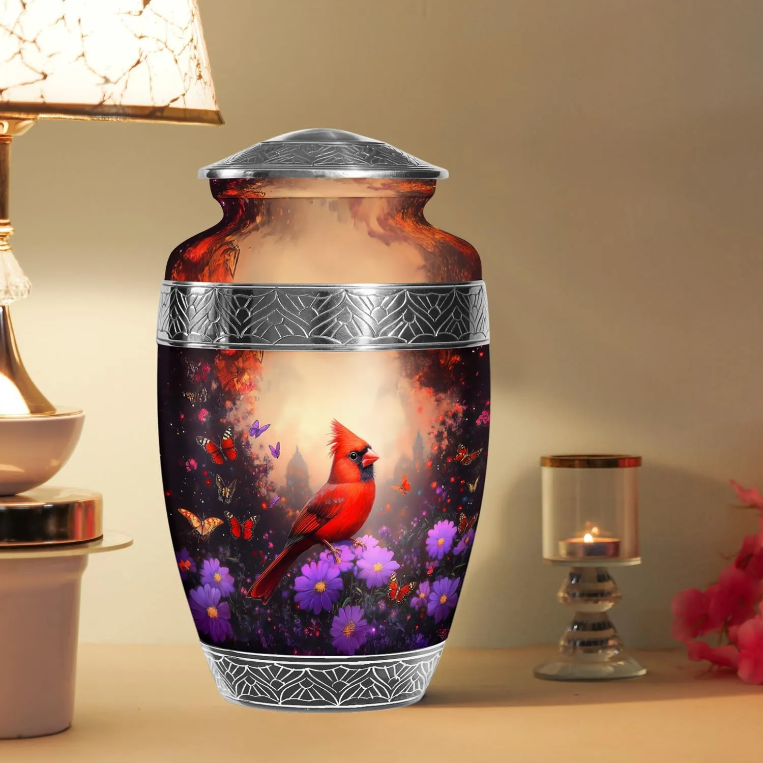 Cardinal Bird Memorial Urns for Human Ashes - Cremation Urn for Mom & Dad - 10 Inch - Large with Velvet Bag - Funeral Urn Adult Ash - Burial for Ashes Adult Male & Female - Funeral Urns