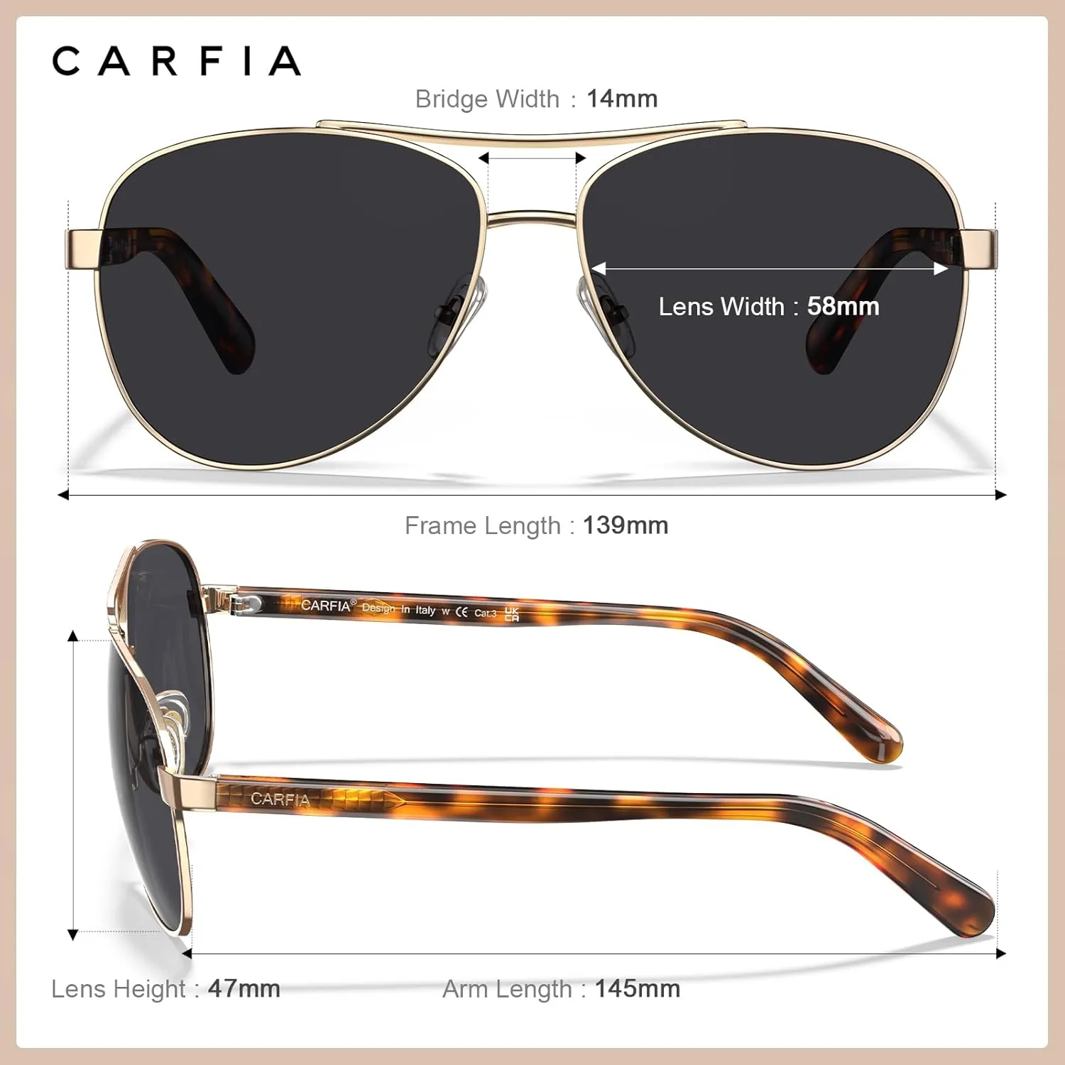 CARFIA Polarized Sunglasses for Women UV Protection Acetate Arms Metal Frame Woman's Shades CA3216