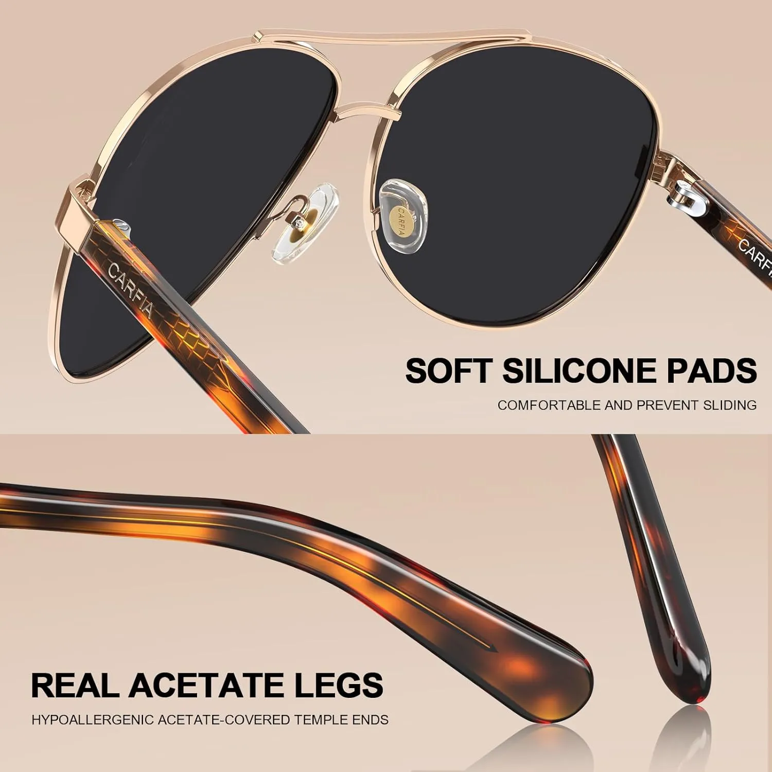 CARFIA Polarized Sunglasses for Women UV Protection Acetate Arms Metal Frame Woman's Shades CA3216