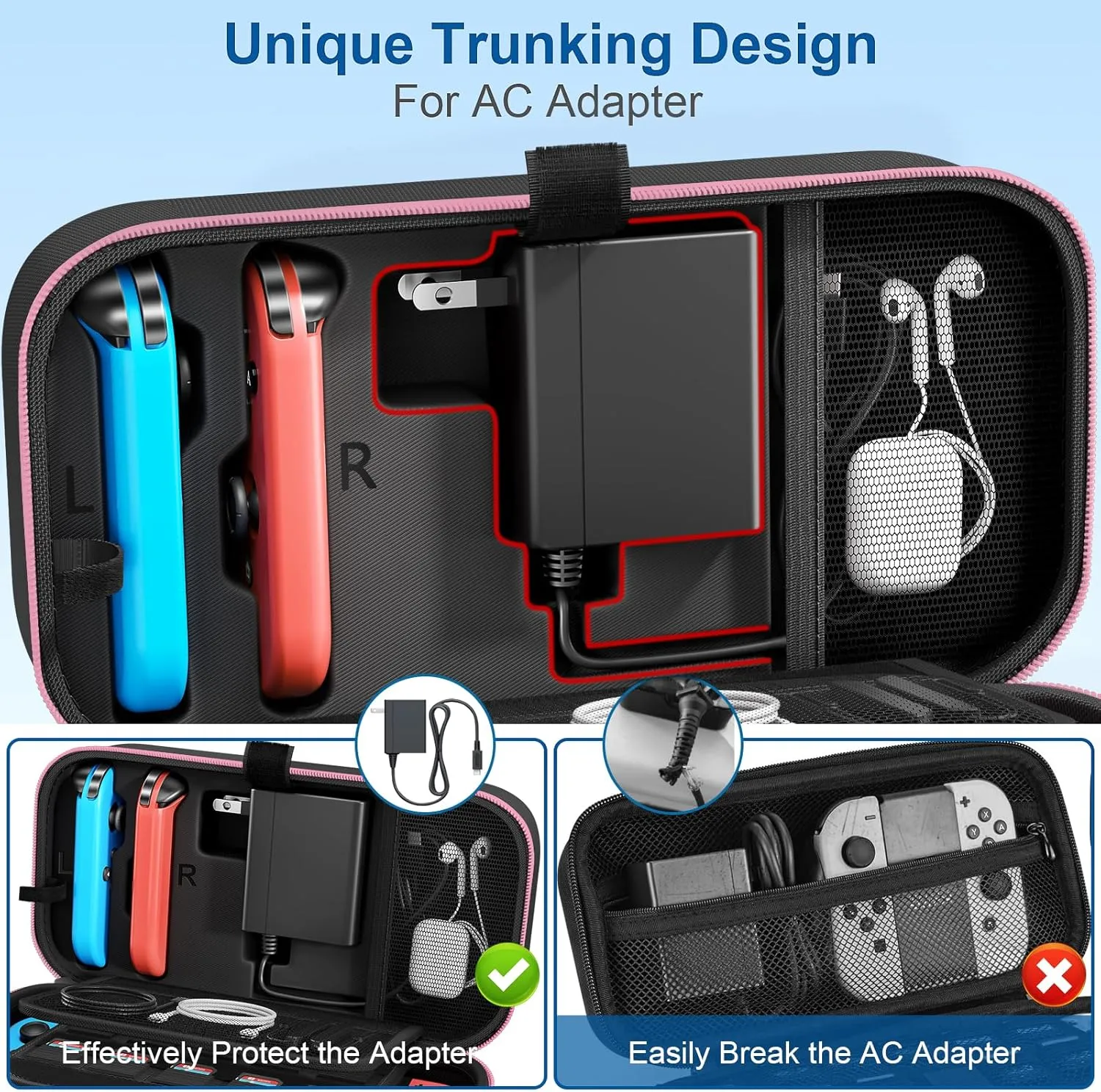 Carrying Case Compatible with Nintendo Switch/OLED - Fit for Joycon and AC Adapter, Portable Hard Shell Pouch Carrying Travel Bag for Accessories Holds 20 Game Cartridge, Pink