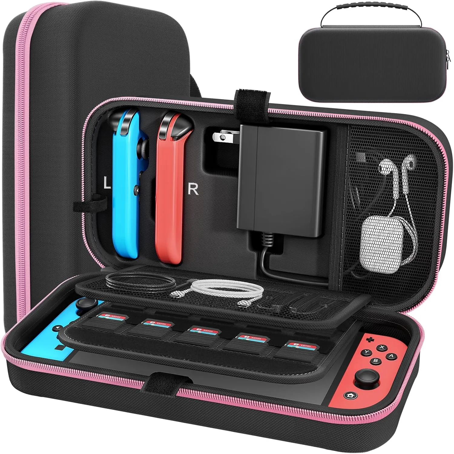 Carrying Case Compatible with Nintendo Switch/OLED - Fit for Joycon and AC Adapter, Portable Hard Shell Pouch Carrying Travel Bag for Accessories Holds 20 Game Cartridge, Pink