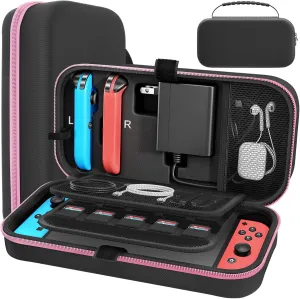 Carrying Case Compatible with Nintendo Switch/OLED - Fit for Joycon and AC Adapter, Portable Hard Shell Pouch Carrying Travel Bag for Accessories Holds 20 Game Cartridge, Pink