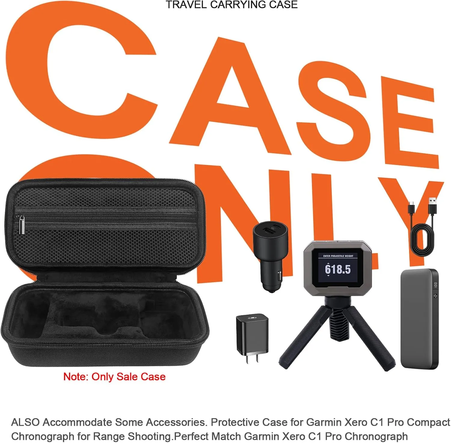 Carrying Case for Garmin Xero C1 Pro Chronograph for Range Shooting, Travel Storage Bag with Mesh Pocket for Charging Cables, Adapter, Cleaning Cloth, Black(Carrying Case Only)