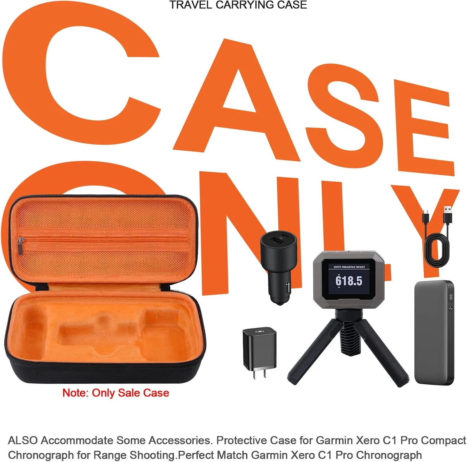 Carrying Case for Garmin Xero C1 Pro Chronograph for Range Shooting, Travel Storage Bag with Mesh Pocket for Charging Cables, Adapter, Cleaning Cloth, Orange (Carrying Case Only)
