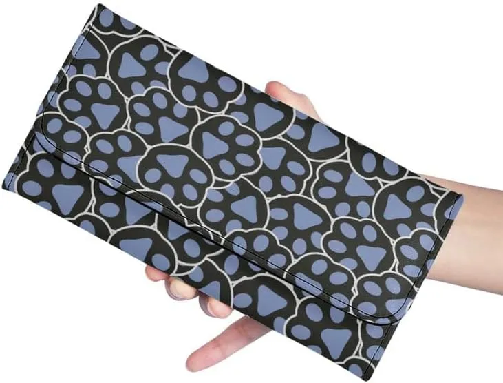 Cartoon Dog Paw Women's Clutch Organizer Black Blue Puppy Dog Footprint Trifold Card Holder Cat Paws Tall Billfold Cash Wallet With ID Window Holiday Gifts for Women