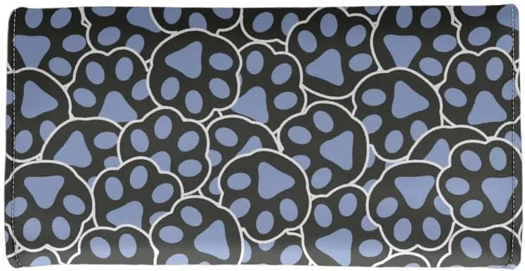 Cartoon Dog Paw Women's Clutch Organizer Black Blue Puppy Dog Footprint Trifold Card Holder Cat Paws Tall Billfold Cash Wallet With ID Window Holiday Gifts for Women