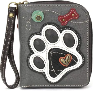 CHALA Zip Around Wallet, Wristlet, 8 Credit Card Slots, Sturdy Pu Leather - B&W Paw Print - Gray