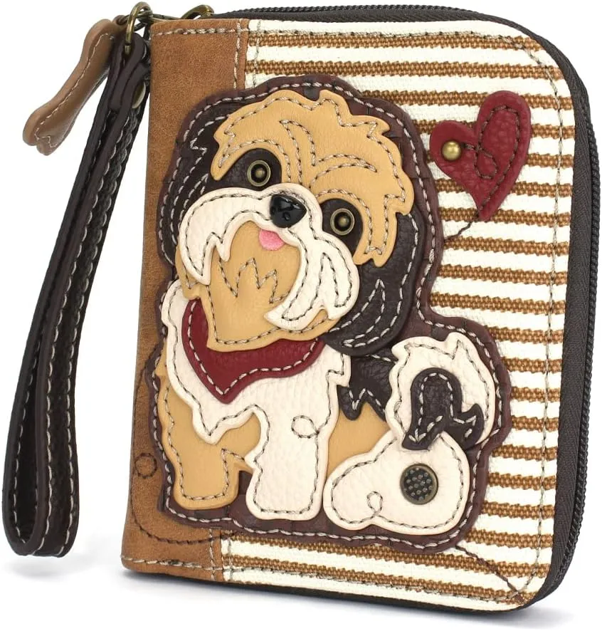 CHALA Zip Around Wallet, Wristlet, 8 Credit Card Slots, Sturdy Pu Leather - Brown Shih Tzu - Brown Stripe