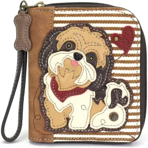 CHALA Zip Around Wallet, Wristlet, 8 Credit Card Slots, Sturdy Pu Leather - Brown Shih Tzu - Brown Stripe