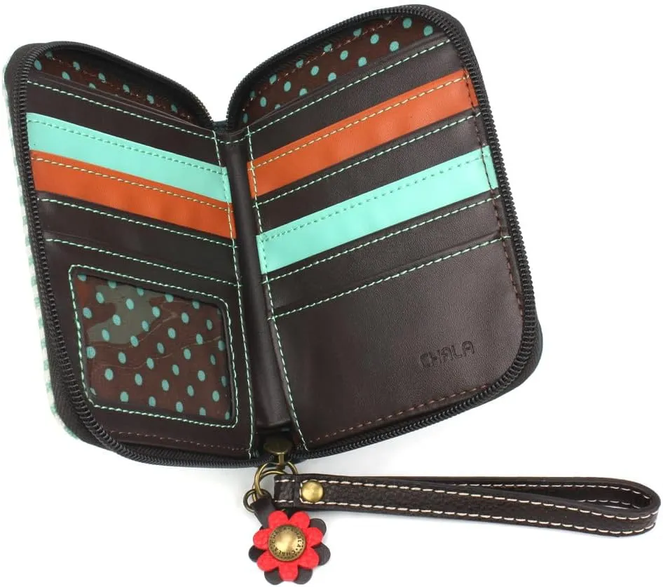 CHALA Zip Around Wallet, Wristlet, 8 Credit Card Slots, Sturdy Pu Leather - Bus - teal stripe