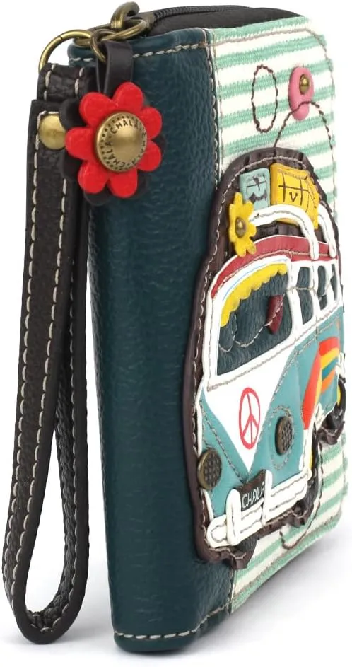 CHALA Zip Around Wallet, Wristlet, 8 Credit Card Slots, Sturdy Pu Leather - Bus - teal stripe