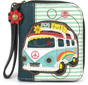 CHALA Zip Around Wallet, Wristlet, 8 Credit Card Slots, Sturdy Pu Leather - Bus - teal stripe