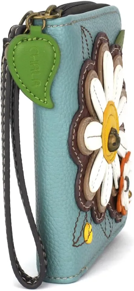 CHALA Zip Around Wallet, Wristlet, 8 Credit Card Slots, Sturdy Pu Leather - Daisy - blue