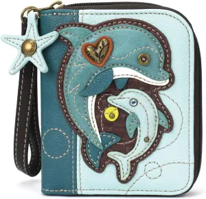 CHALA Zip Around Wallet, Wristlet, 8 Credit Card Slots, Sturdy Pu Leather - Dolphin - Blue
